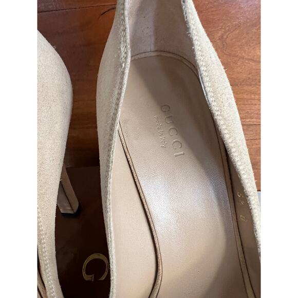 Gucci Suede Horsebit Platform Open toe Heels Pumps Sand 6.5 - Picture 13 of 15